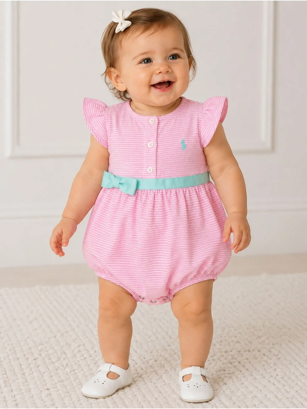 Ralph Lauren Baby Girls Pink Striped Bubble Romper | 18M | Ribbon Waist
